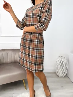 Brązowa Sukienka w Kratę  11172-166-Q|Modna Kiecka Outlet
