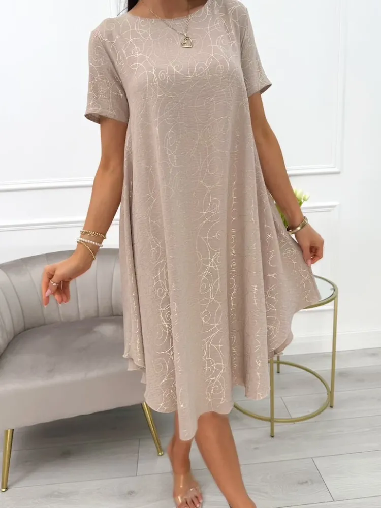 Brązowa Sukienka w Złoty Wzór 14004-412-B|Modna Kiecka Fashion