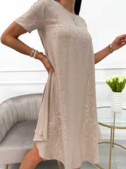Brązowa Sukienka w Złoty Wzór 14004-412-B|Modna Kiecka Fashion