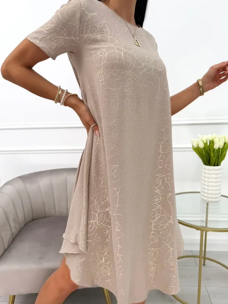 Brązowa Sukienka w Złoty Wzór 14004-412-B|Modna Kiecka Fashion