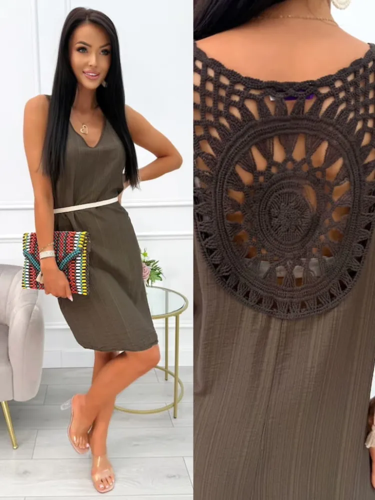Brązowa Sukienka z Haftem z Tyłu 14098-425-B|Modna Kiecka Online