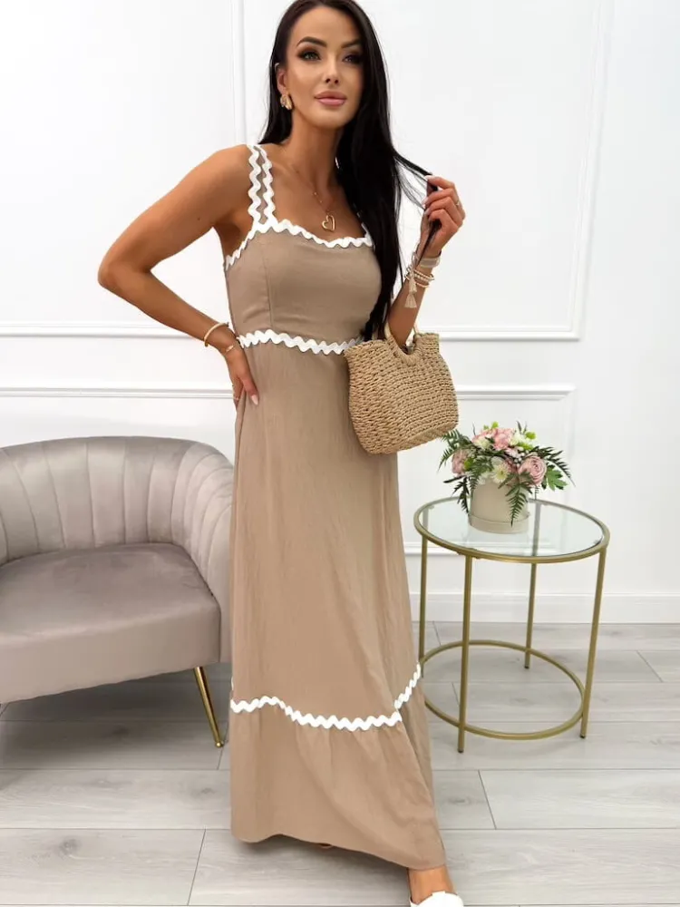 Brązowa Sukienka z Ozdobnymi Ramiączkami 14025-509-B|Modna Kiecka Discount