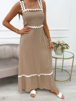 Brązowa Sukienka z Ozdobnymi Ramiączkami 14025-509-B|Modna Kiecka Discount