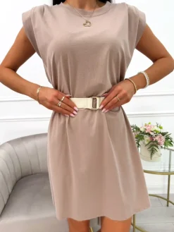 Brązowa Sukienka z Paskiem 14068-322-B|Modna Kiecka Clearance