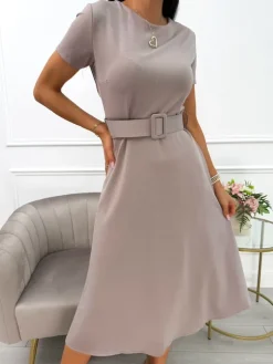 Brązowa Sukienka z Paskiem 13662-78-G|Modna Kiecka Discount