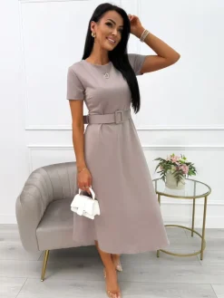 Brązowa Sukienka z Paskiem 13662-78-G|Modna Kiecka Discount