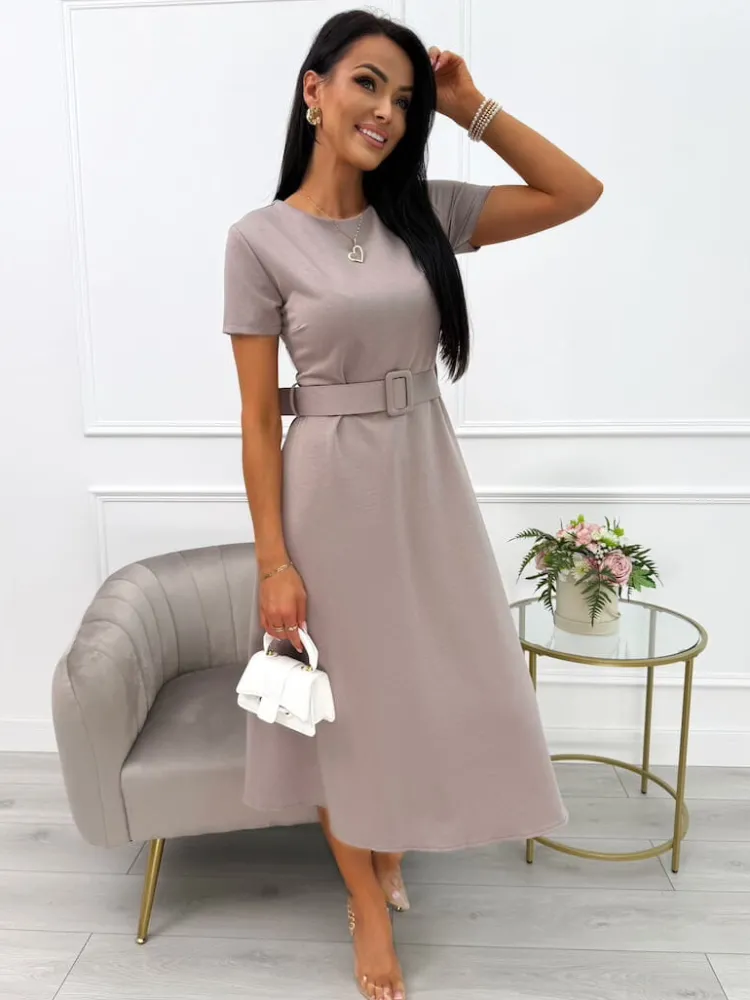 Brązowa Sukienka z Paskiem 13662-78-G|Modna Kiecka Discount
