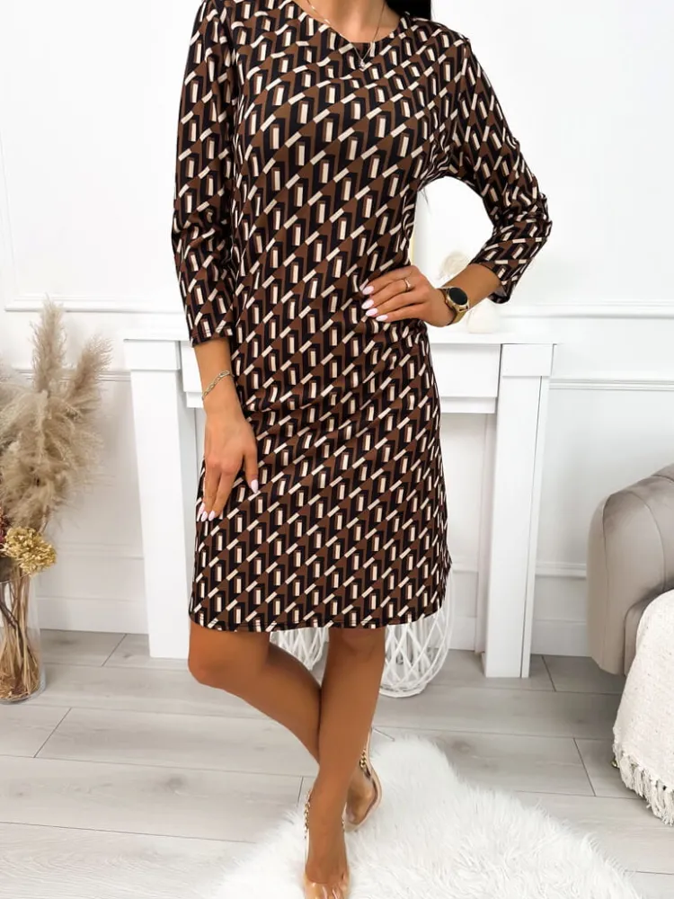 Brązowa Sukienka ze Wzorem 11659-283-A|Modna Kiecka Outlet