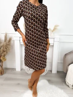 Brązowa Sukienka ze Wzorem 11659-283-A|Modna Kiecka Outlet