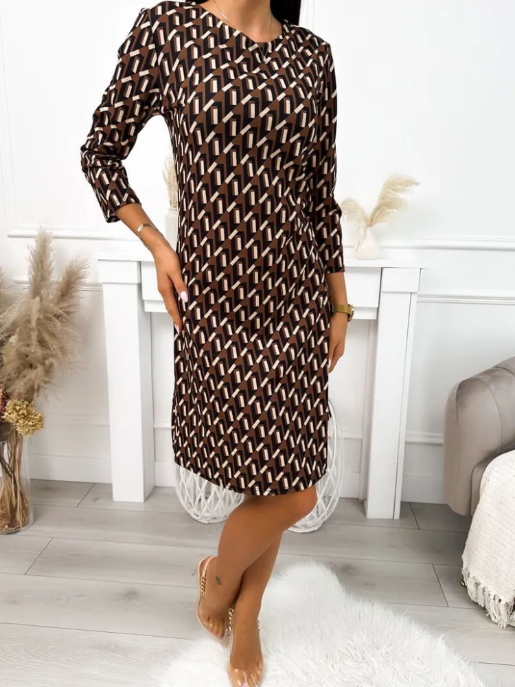 Brązowa Sukienka ze Wzorem 11659-283-A|Modna Kiecka Outlet