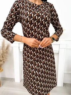 Brązowa Sukienka ze Wzorem 11659-283-A|Modna Kiecka Outlet
