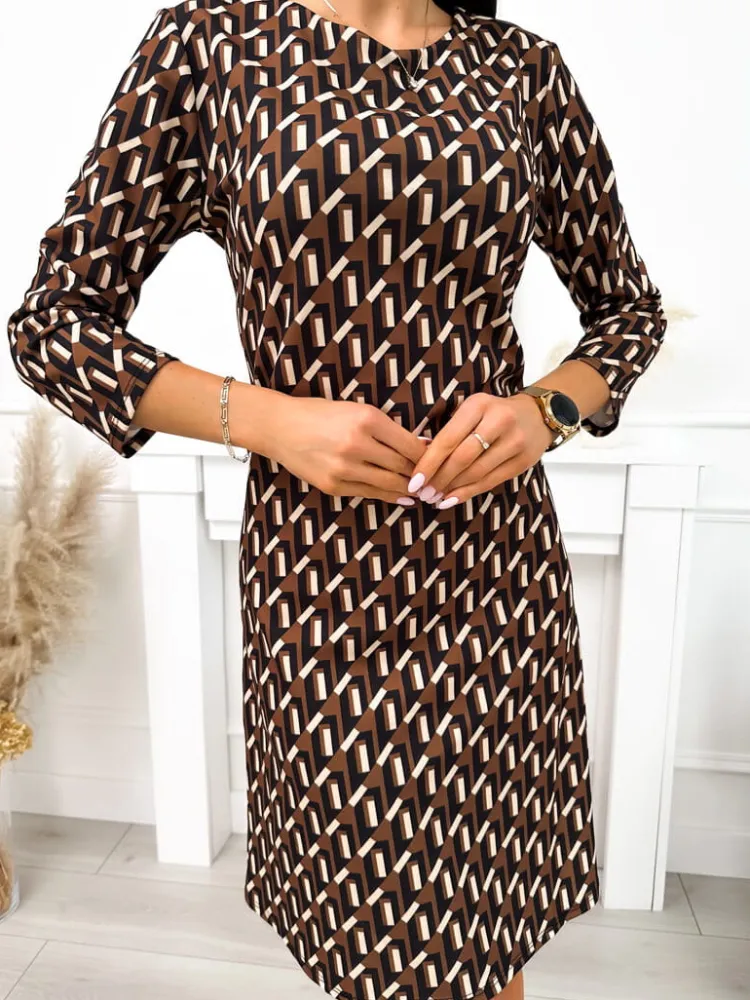 Brązowa Sukienka ze Wzorem 11659-283-A|Modna Kiecka Outlet