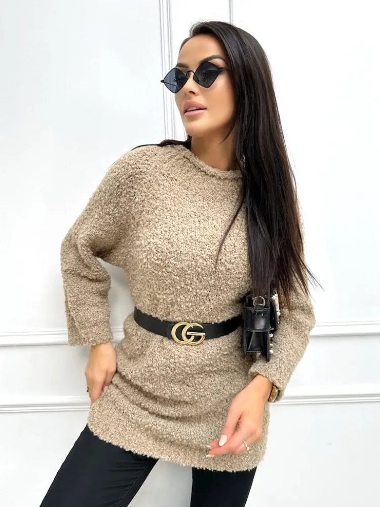 Brązowa Sweterkowa Sukienka/Tunika 13370-242-B|Modna Kiecka Fashion
