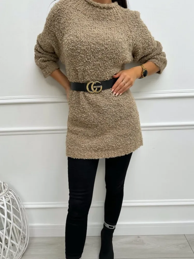 Brązowa Sweterkowa Sukienka/Tunika 13370-242-B|Modna Kiecka Fashion