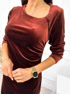 Brązowa Welurowa Sukienka z Marszczeniem 9327-232-B|Modna Kiecka Sale