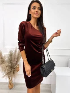 Brązowa Welurowa Sukienka z Marszczeniem 9327-232-B|Modna Kiecka Sale