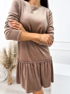 Brązowa Welurowa Sukienka z Falbanką 10859-293-A|Modna Kiecka Hot