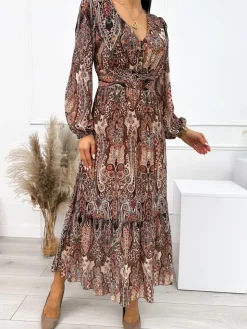 Brązowa Wzorzysta Sukienka Maxi 10854-275-Q|Modna Kiecka Discount