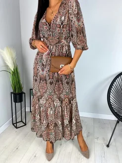 Brązowa Wzorzysta Sukienka Maxi 11480-429-Q|Modna Kiecka Clearance