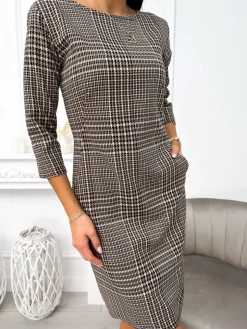 Brązowa Wzorzysta Sukienka z Kieszeniami  11217-258-Q|Modna Kiecka Fashion