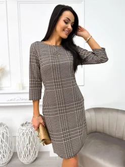 Brązowa Wzorzysta Sukienka z Kieszeniami  11217-258-Q|Modna Kiecka Fashion