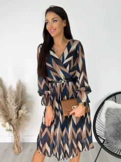 Brązowa Wzorzysta Sukienka 8788-137-Q|Modna Kiecka New