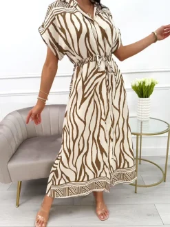 Brązowo-Beżowa Sukienka z Guzikami i Wzorem 13998-283-A|Modna Kiecka Hot