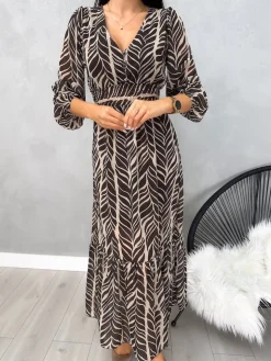 Brązowo-Beżowa Wzorzysta Sukienka Maxi 13140-351-A|Modna Kiecka Fashion