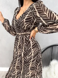 Brązowo-Beżowa Wzorzysta Sukienka Maxi 13140-351-A|Modna Kiecka Fashion