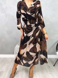 Brązowo-Beżowa Wzorzysta Sukienka 13103-513-Q|Modna Kiecka Hot