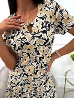 Brązowo-Czarna Sukienka z Motywem Roślinnym Plus Size 13974-330-Q|Modna Kiecka New