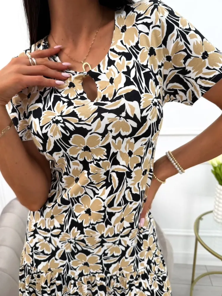 Brązowo-Czarna Sukienka z Motywem Roślinnym Plus Size 13974-330-Q|Modna Kiecka New