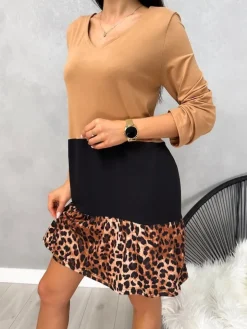Brązowo-Czarna Sukienka ze Wstawkami w Panterkę 13116-83-A|Modna Kiecka Discount