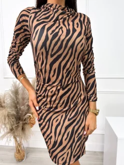 Brązowo-Czarna Wzorzysta Sukienka 9215-215-A|Modna Kiecka Clearance