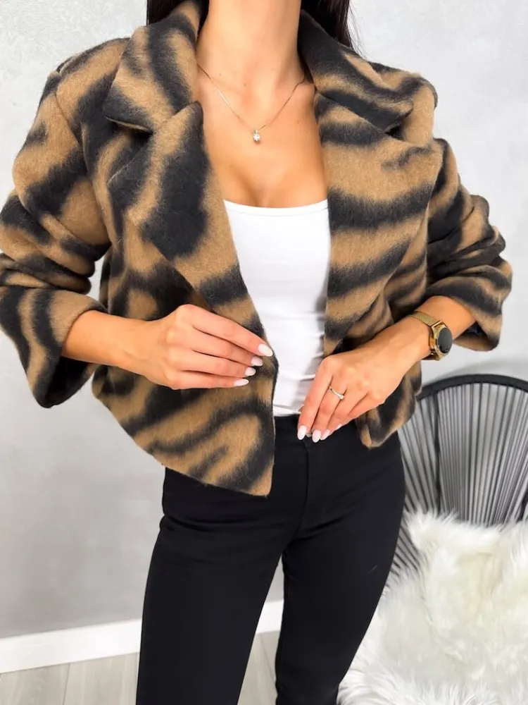 Brązowo-Czarny Krótki Płaszczyk 13154-348-A|Modna Kiecka Outlet