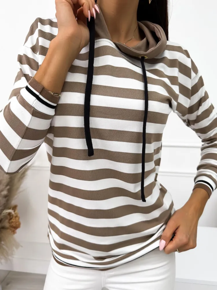 Brązowo-Kremowa Bluza w Paski 10490-417-Q|Modna Kiecka Fashion