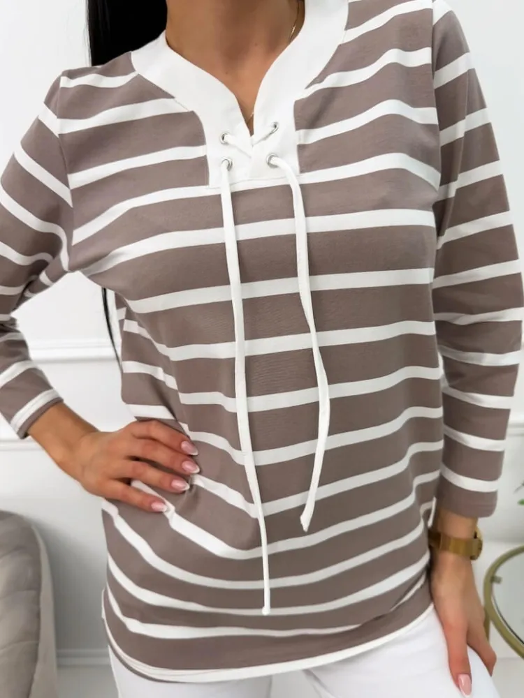 Brązowo-Kremowa Bluzka w Paski 13603-76-B|Modna Kiecka Online