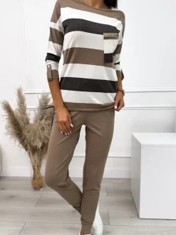 Brązowo-Kremowy Komplet Dresowy 11413-301-A|Modna Kiecka Sale
