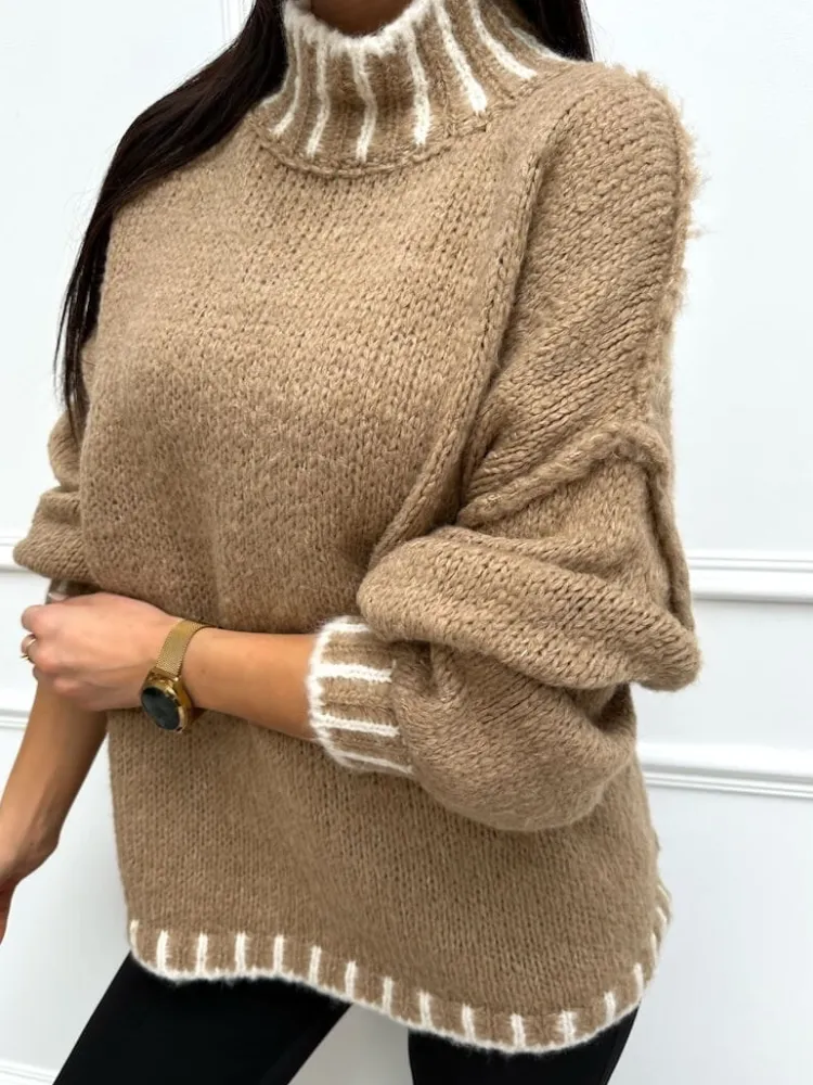 Brązowo-Kremowy Sweterek z Półgolfem 13359-138-B|Modna Kiecka Outlet
