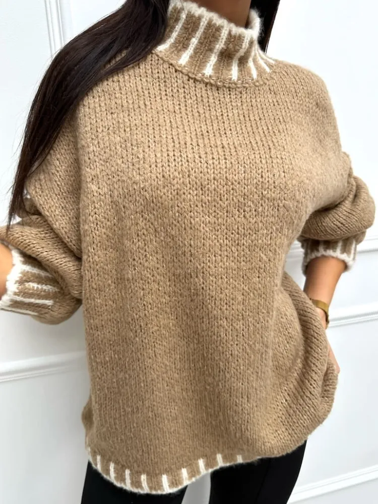 Brązowo-Kremowy Sweterek z Półgolfem 13359-138-B|Modna Kiecka Outlet