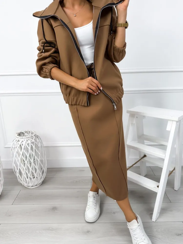 Brązowy Komplet Bluza z Kapturem + Spódnica 12880-74-B|Modna Kiecka Best