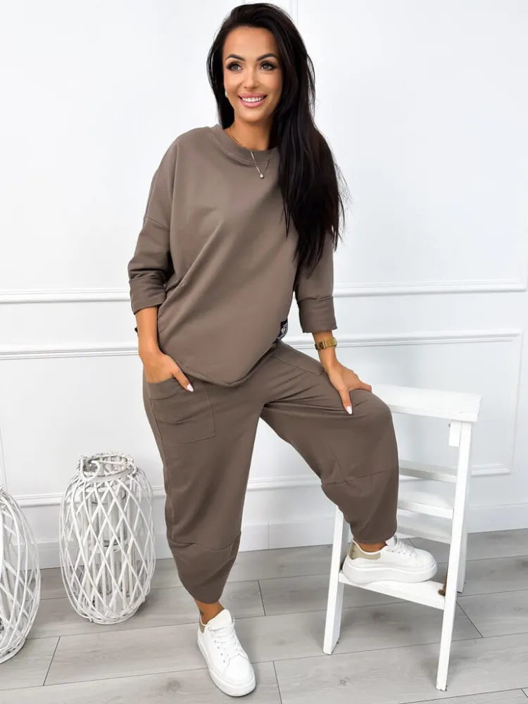 Brązowy Komplet Bluzka + Spodnie 12783-179-B|Modna Kiecka Discount