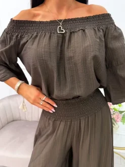 Brązowy Komplet Bluzka + Szerokie Spodnie 14104-427-B|Modna Kiecka Discount