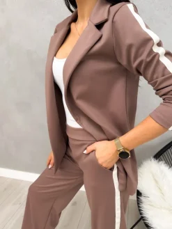 Brązowy Komplet Marynarka + Spodnie 12651-09-F|Modna Kiecka Outlet