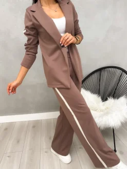 Brązowy Komplet Marynarka + Spodnie 12651-09-F|Modna Kiecka Outlet