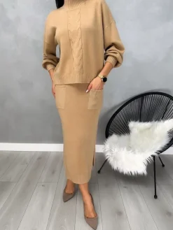 Brązowy Komplet Sweterek + Spódnica 13147-211-A|Modna Kiecka Fashion