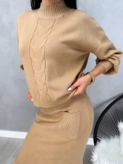 Brązowy Komplet Sweterek + Spódnica 13147-211-A|Modna Kiecka Fashion