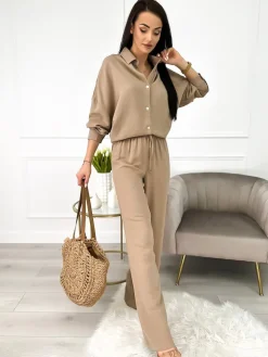 Brązowy Luźny Komplet Koszula+Spodnie 10036-205-B|Modna Kiecka Discount