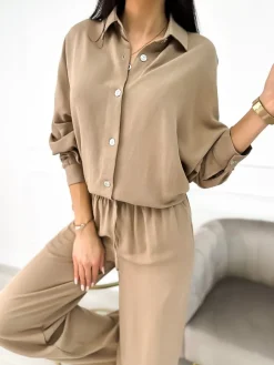Brązowy Luźny Komplet Koszula+Spodnie 10036-205-B|Modna Kiecka Discount