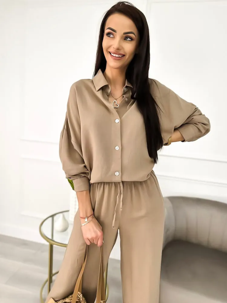 Brązowy Luźny Komplet Koszula+Spodnie 10036-205-B|Modna Kiecka Discount